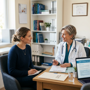 Female doctor talking to patient in office with patient notes on desk