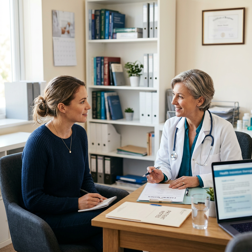 Female doctor talking to patient in office with patient notes on desk