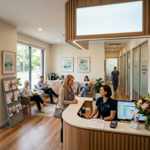 Reception desk with staff assisting patient in Equilibrium Wellness & Hormone Health clinic lobby with seated waiting patients