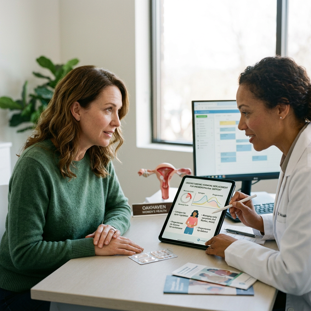 Doctor showing hormone replacement therapy information on a tablet to a patient