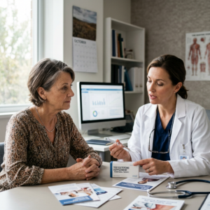 Doctor explaining testosterone supplement for menopausal therapy to patient