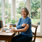 Woman applying hormone replacement therapy patch on upper arm