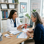 Doctor discussing hormone replacement therapy with patient holding educational brochures and uterine model