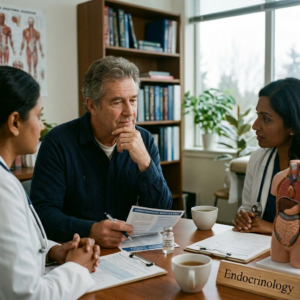 Doctor explaining thyroid treatment benefits and risks to patient