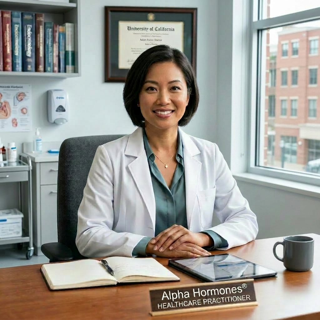 Professional woman doctor seated at office desk with nameplate reading Dr. Evelyn Reed, Women's Hormone Specialist