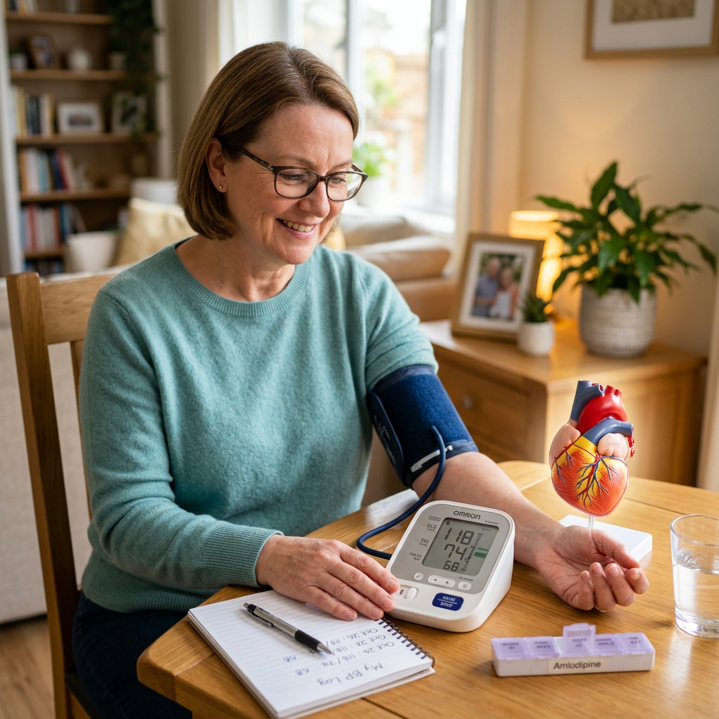 Woman measuring blood pressure with digital monitor at home