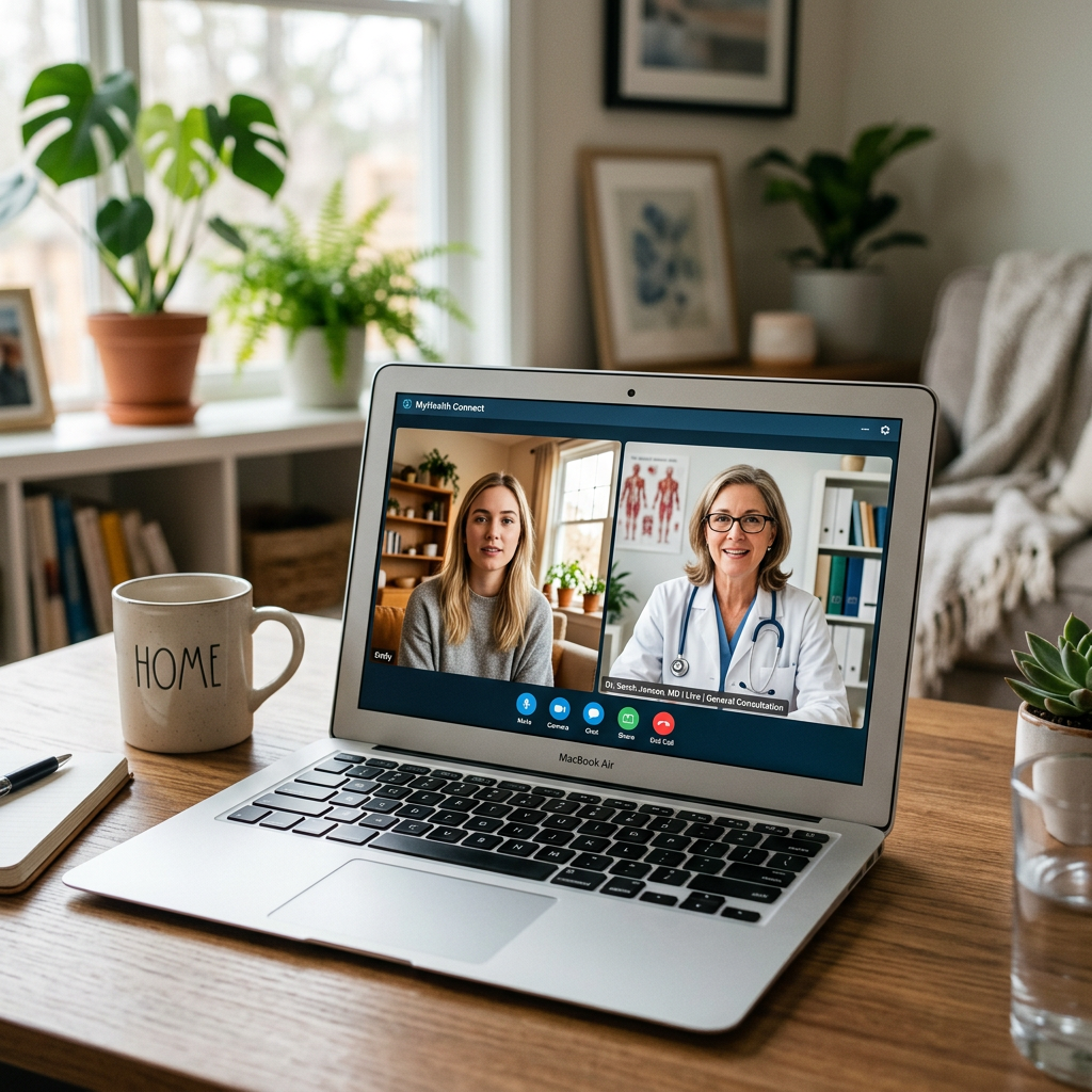 Laptop screen showing a video call between a woman and a female doctor during a virtual health consultation