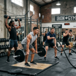Four athletes exercising with weights and battle ropes in Iron Gym