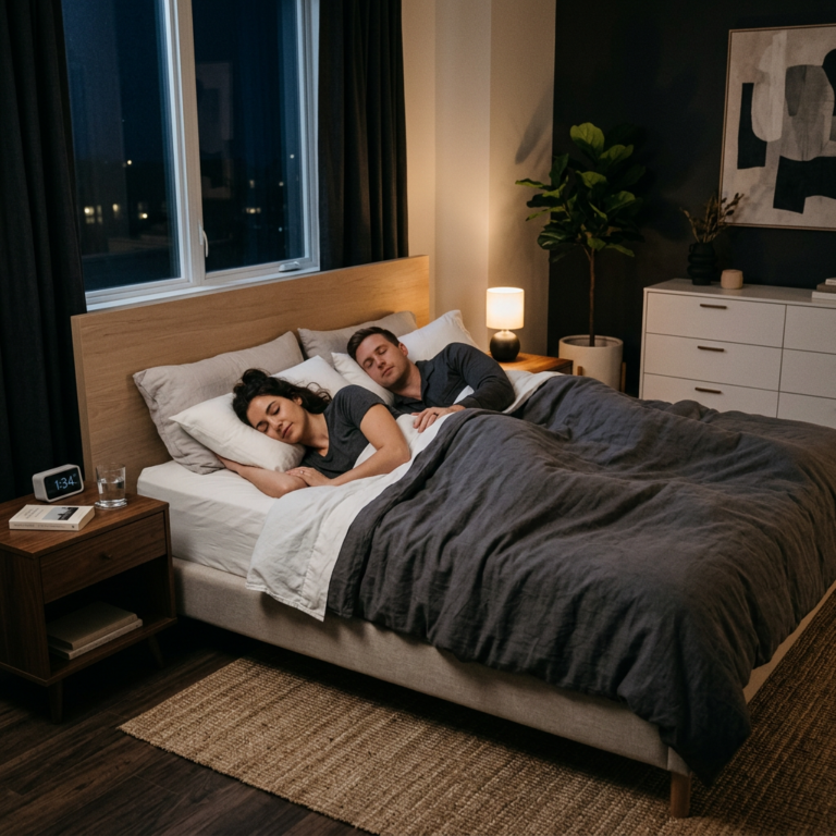Couple sleeping in bed beside a smart alarm clock