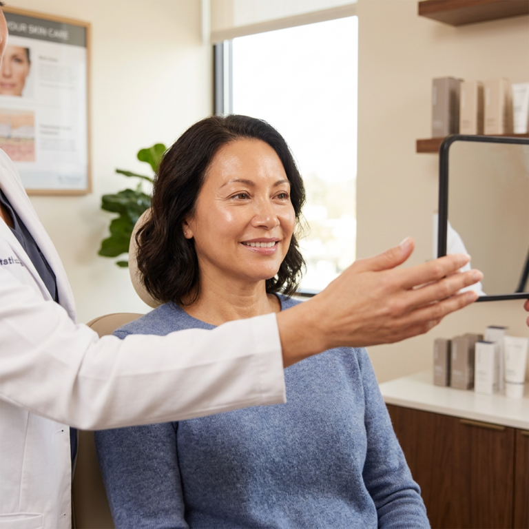 Patient reviewing skin imaging with a skincare professional
