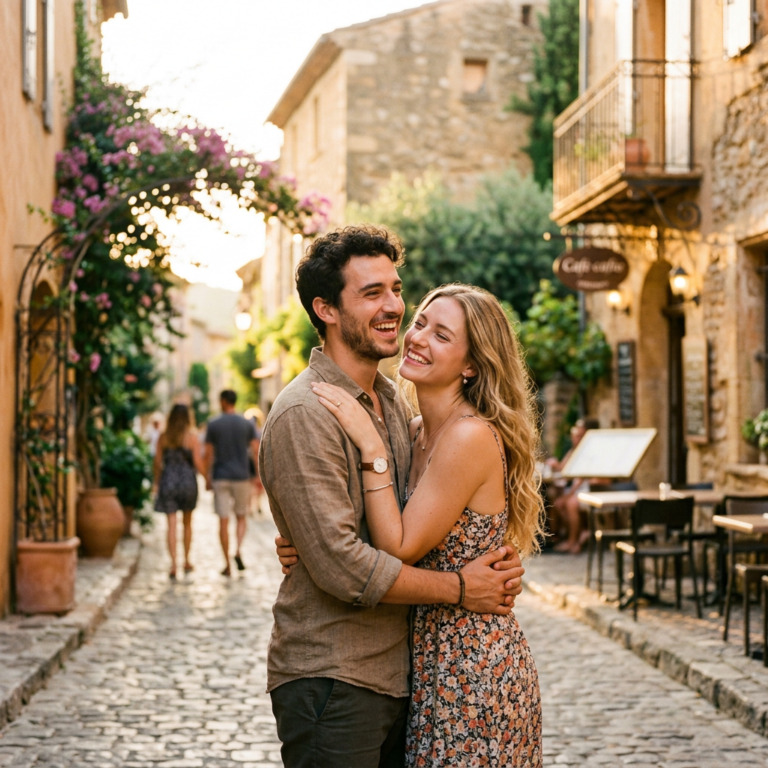 Couple embracing on a sunlit cobblestone street in a historic village