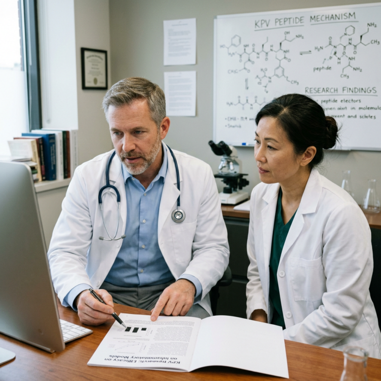 Two researchers review KPV peptide research beside a molecular diagram