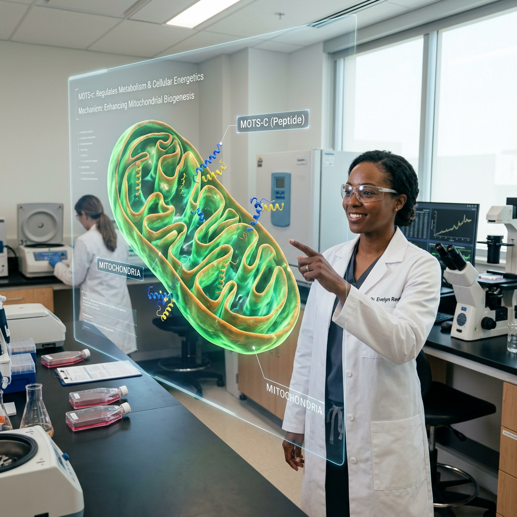 Researcher presenting holographic mitochondrion labeled MOTS-C peptide