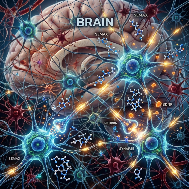 Illustrated neural network labeled Semax, BDNF, neuron, and synapse