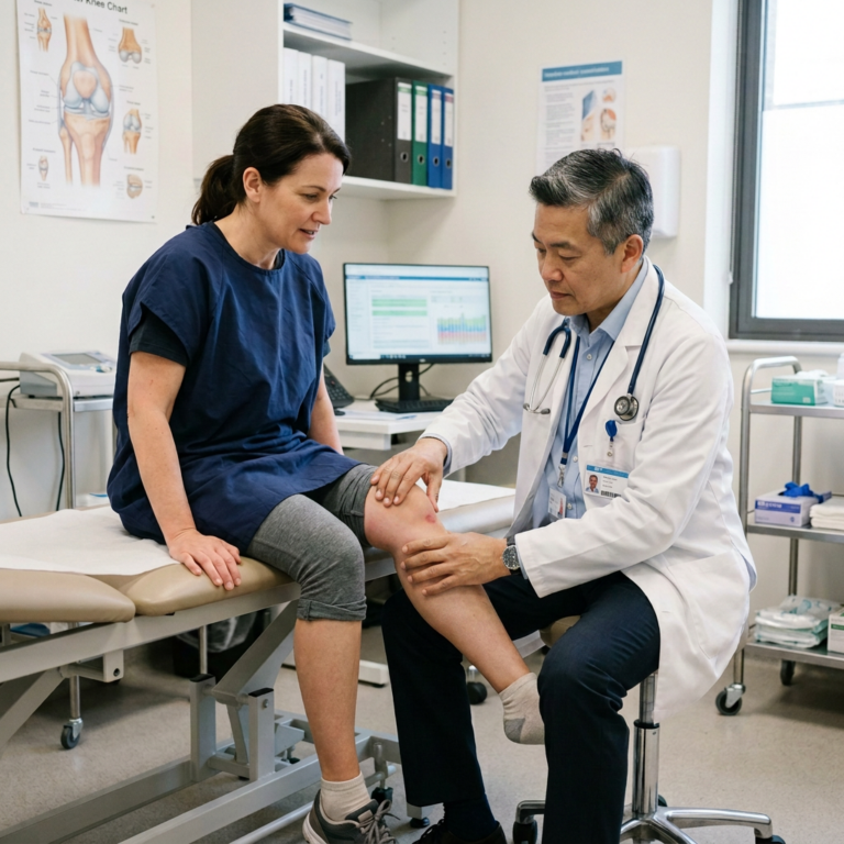 Doctor examining a patient’s knee in a medical examination room
