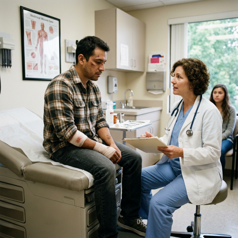 Doctor discussing treatment with a patient wearing arm and facial bandages