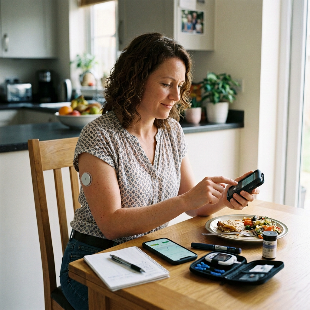 Woman checking glucose monitoring equipment at a kitchen table