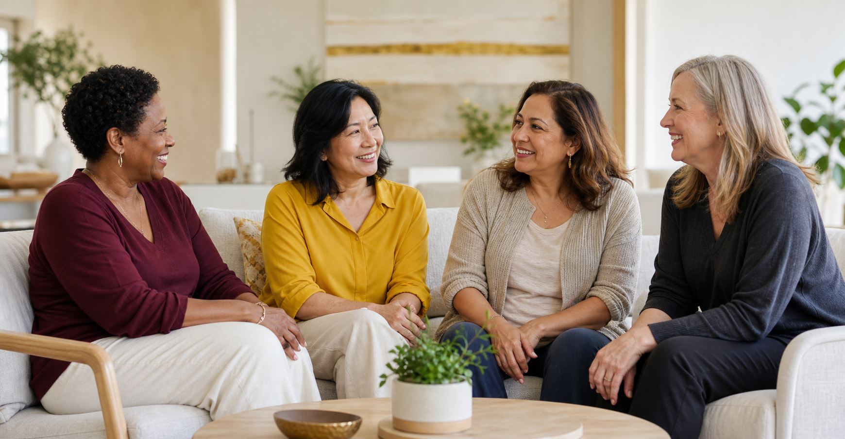 A diverse group of women sharing a supportive conversation during midlife