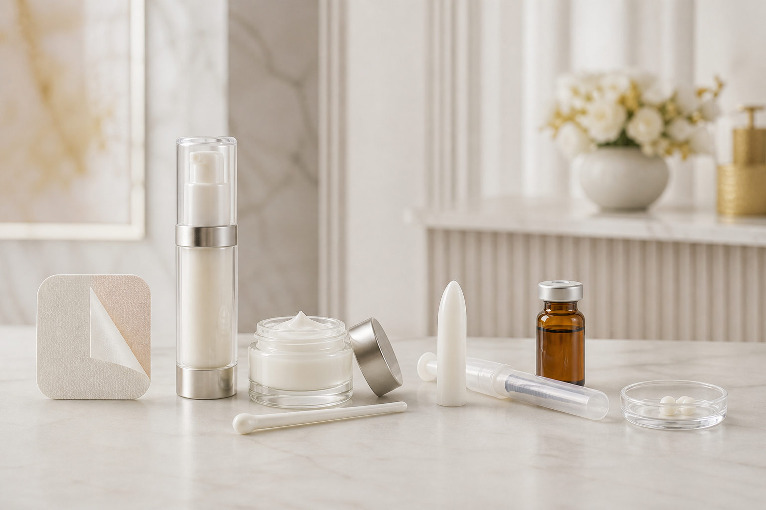 Hormone therapy delivery options including a patch, gel, cream, vaginal insert, injectable vial, and pellets
