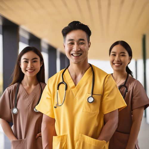 Firefly male asian doctor and diverse nurses wearing Vivid yellow colored scrubs with modern clinic