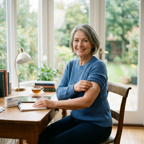 Woman applying hormone replacement therapy patch on upper arm