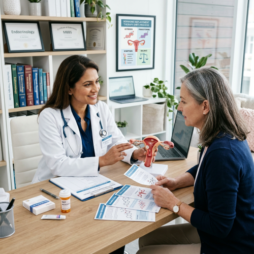 Doctor discussing hormone replacement therapy with patient holding educational brochures and uterine model