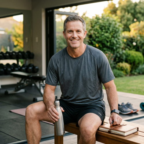 Smiling man seated in a home gym holding a water bottle