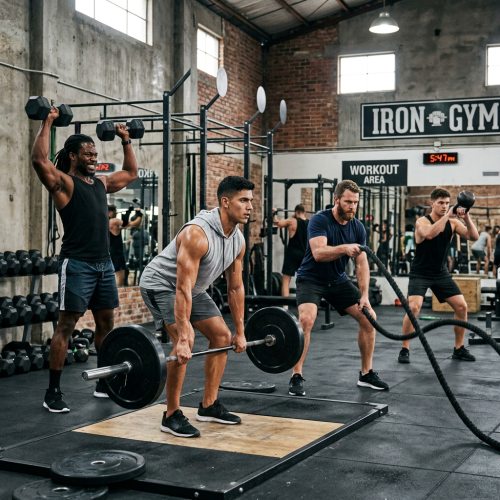 Four athletes exercising with weights and battle ropes in Iron Gym